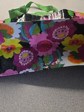 Vera Bradley Black Floral Reusable Tote with Green Handles